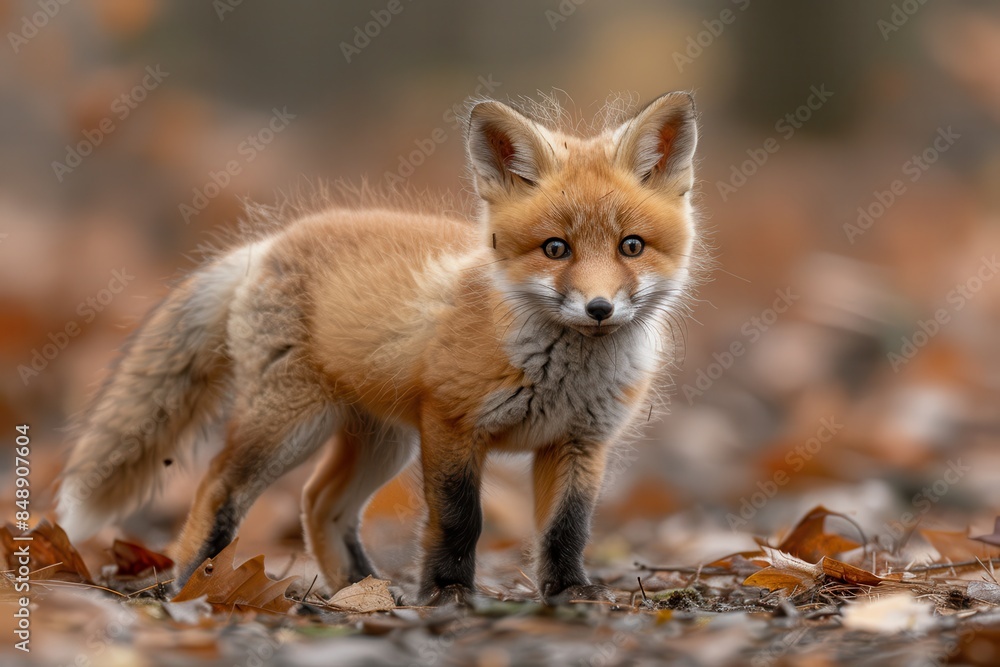 Baby Fox: An adorable baby fox kit with reddish fur and a bushy tail, exploring a forest clearing. Baby Fox: An adorable baby fox kit with reddish fur and a bushy tail, exploring a forest clearing.