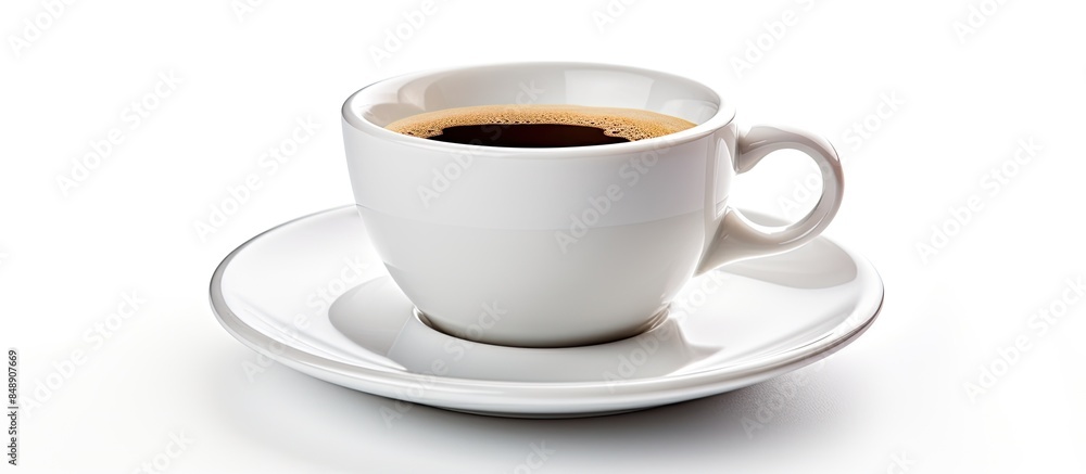 White cup with hot coffee isolated on a white background with a clipping path for inserting a copy space image White cup with hot coffee isolated on a white background with a clipping path for inserting a copy space image