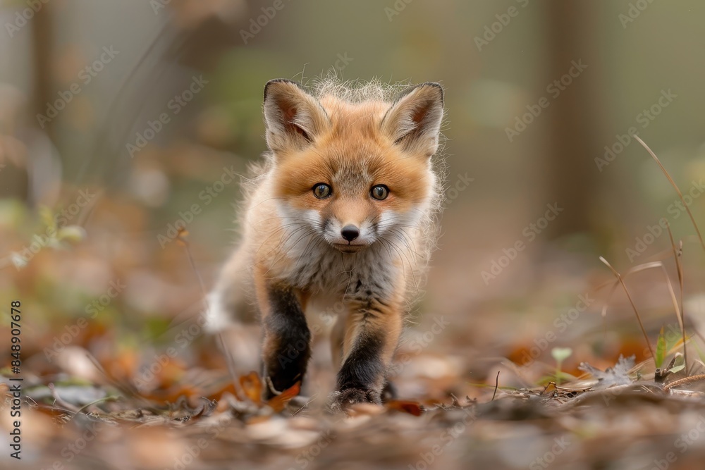 Obraz premium Baby Fox: An adorable baby fox kit with reddish fur and a bushy tail, exploring a forest clearing.
