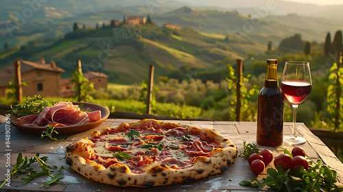 pizza prosciutto di parma, with a wineyard  photo