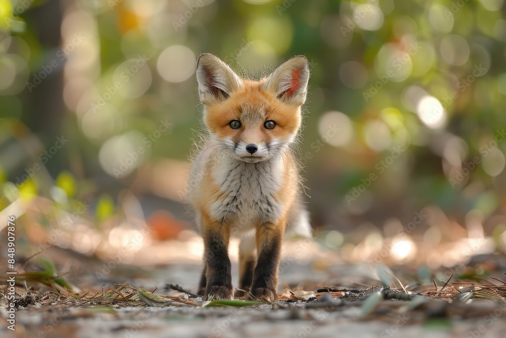 Obraz premium Baby Fox: An adorable baby fox kit with reddish fur and a bushy tail, exploring a forest clearing.