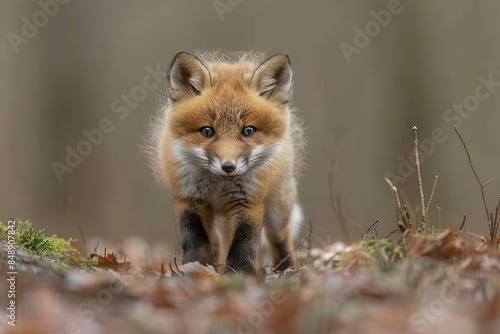 Baby Fox: An adorable baby fox kit with reddish fur and a bushy tail, exploring a forest clearing. © Nico
