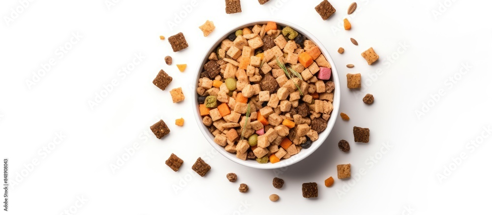 Top view mockup of a big bowl filled with pet dog food surrounded by toys on a white background with copy space image Top view mockup of a big bowl filled with pet dog food surrounded by toys on a white background with copy space image