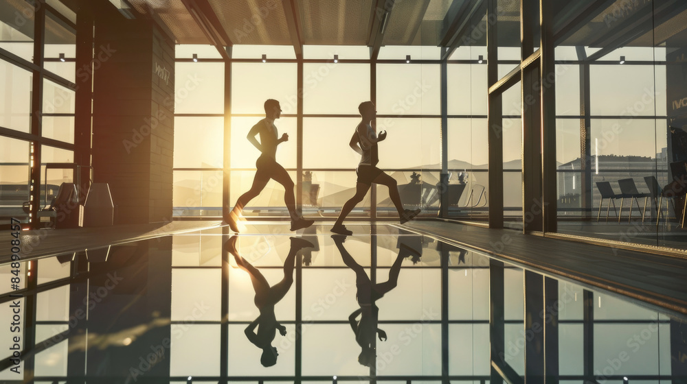 Silhouettes of two people running in a modern gym with glass walls at sunrise, reflected in the shiny floor. Silhouettes of two people running in a modern gym with glass walls at sunrise, reflected in the shiny floor.