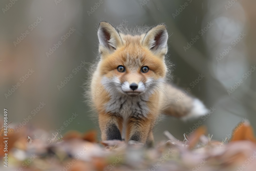 Naklejka premium Baby Fox: An adorable baby fox kit with reddish fur and a bushy tail, exploring a forest clearing.