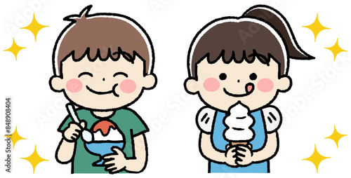 笑顔でかき氷とソフトクリームを食べる子供たちのイラスト