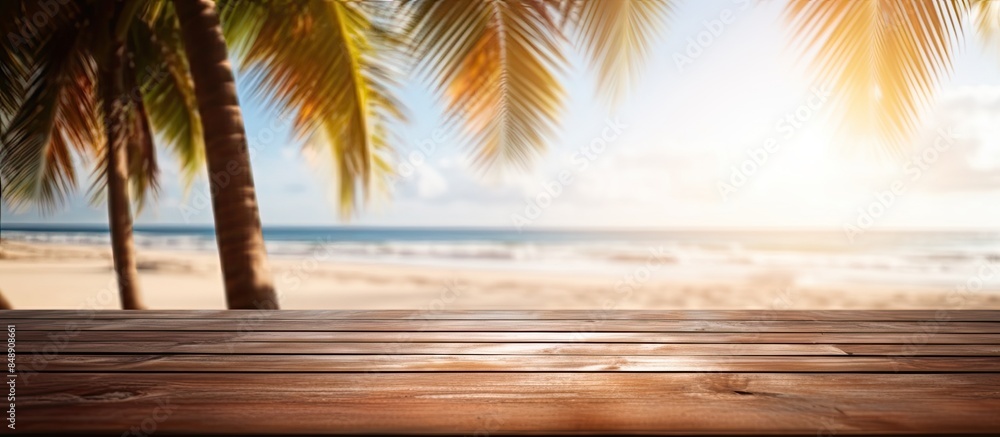 Wooden table on a tropical beach with sunshine creating a blurred backdrop for outdoor party design and showcasing products in copy space image Wooden table on a tropical beach with sunshine creating a blurred backdrop for outdoor party design and showcasing products in copy space image