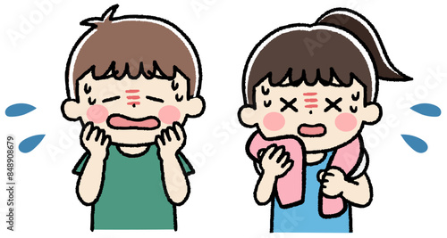 汗をかき暑そうな子供たちのイラスト