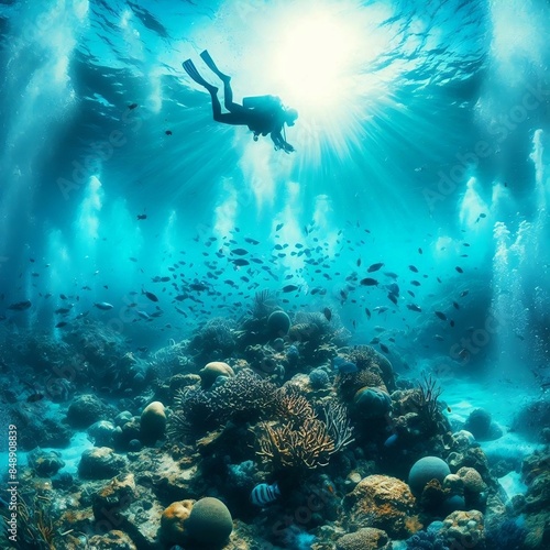a scuba diver swims in the blue sea, he is surrounded by fish and debris at the bottom, there are many corals