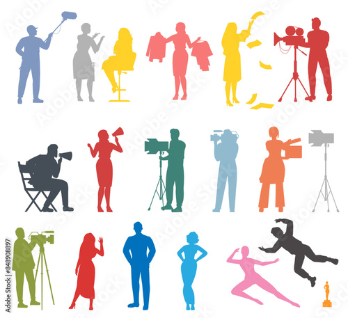 Colorful film crew silhouette isolated set on white background. Director, actor, paparazzi, light technician, cameraman, actor and actress, dressmaker characters vector illustration