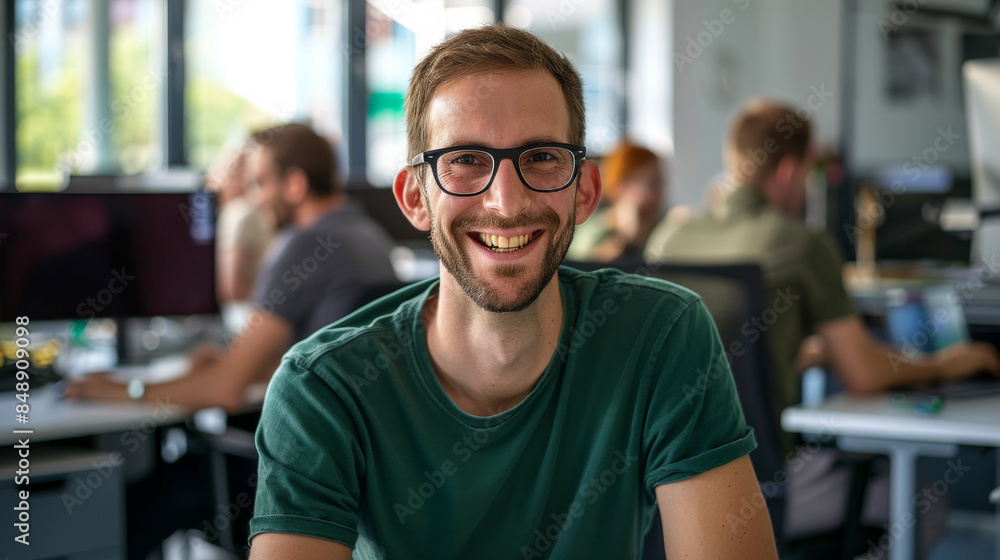 A man in glasses smiles brightly in an open office space, with colleagues working in the background. A man in glasses smiles brightly in an open office space, with colleagues working in the background.