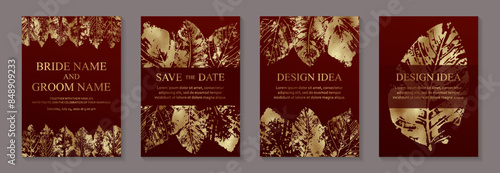 Modern luxury card templates for wedding or bithday greeting or presentation or sale banner with golden autumn leaves on a red background.