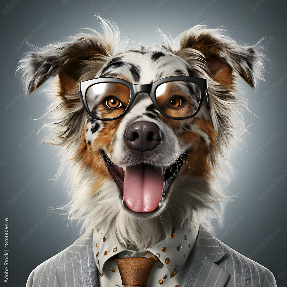 Portrait of a cute australian shepherd dog wearing a suit and glasses Portrait of a cute australian shepherd dog wearing a suit and glasses