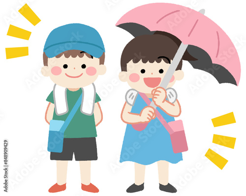 帽子と日傘、水筒を持った子供のイラスト
