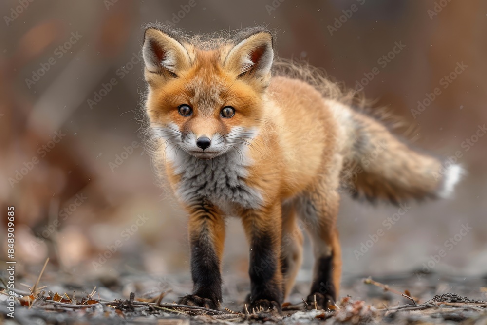 Baby Fox: An adorable baby fox kit with reddish fur and a bushy tail, exploring a forest clearing. Baby Fox: An adorable baby fox kit with reddish fur and a bushy tail, exploring a forest clearing.