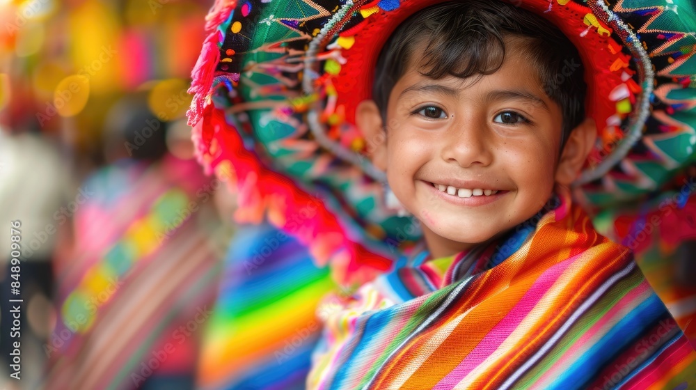 Vivid photo of a Mexican little boy in traditional attire, wearing a colorful sombrero Vivid photo of a Mexican little boy in traditional attire, wearing a colorful sombrero