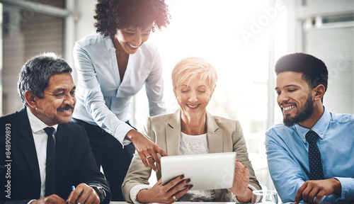 Tablet, teamwork and business people in office, meeting and brainstorming with financial report. Group, trading and employees with tech, corporate and broker with connection, accounting and planning