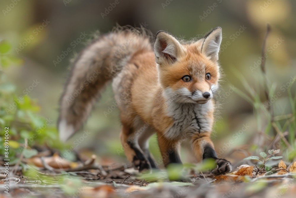 Naklejka premium Baby Fox: An adorable baby fox kit with reddish fur and a bushy tail, exploring a forest clearing.