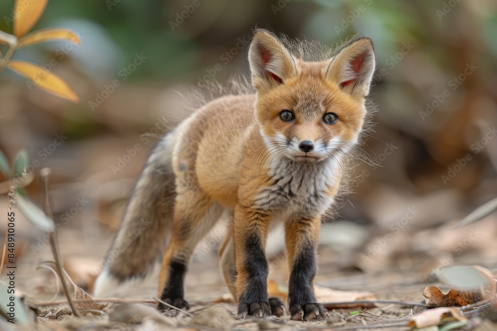 Fototapeta premium Baby Fox: An adorable baby fox kit with reddish fur and a bushy tail, exploring a forest clearing.