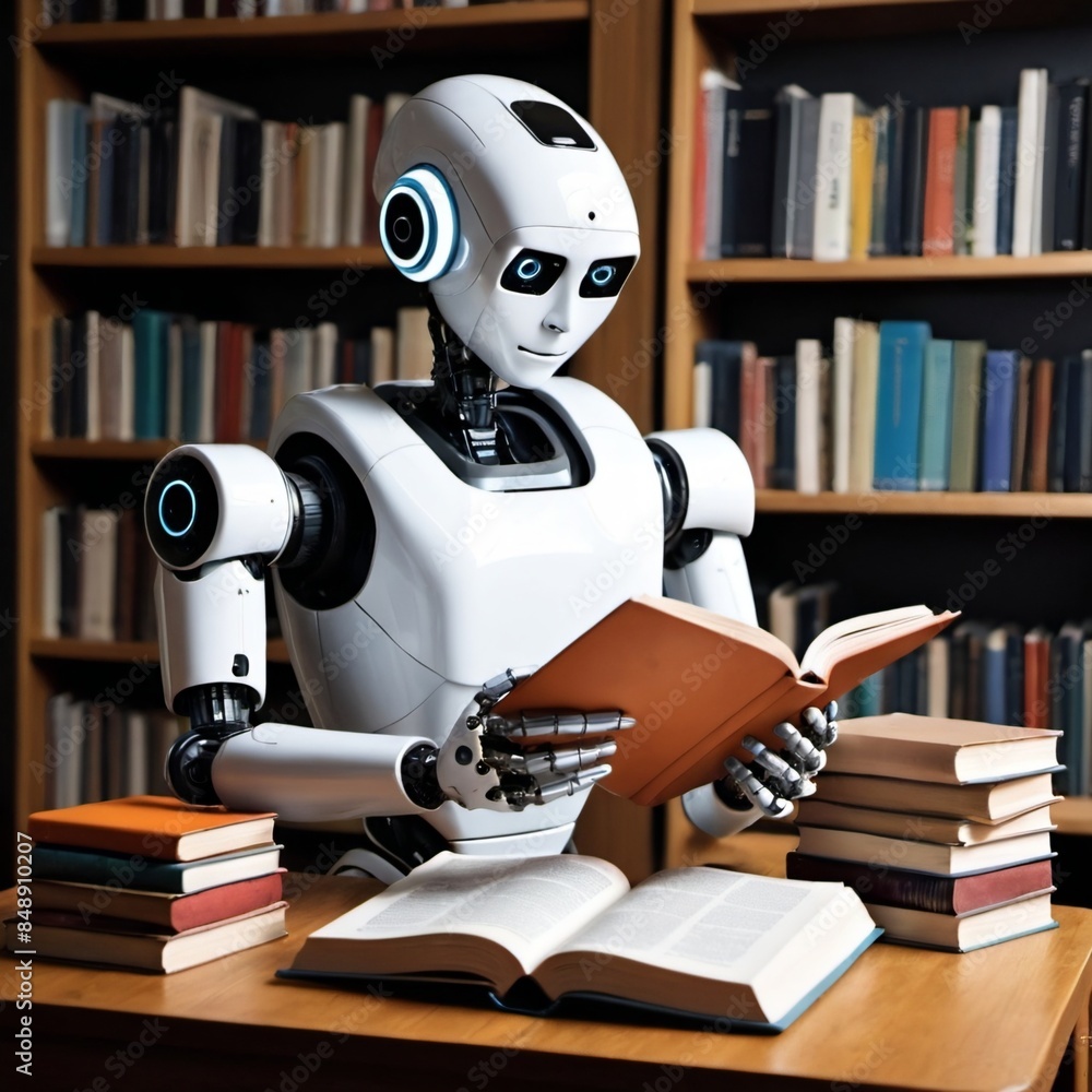 a robot reading a book in a library a robot reading a book in a library