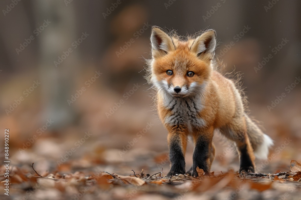 Naklejka premium Baby Fox: An adorable baby fox kit with reddish fur and a bushy tail, exploring a forest clearing.