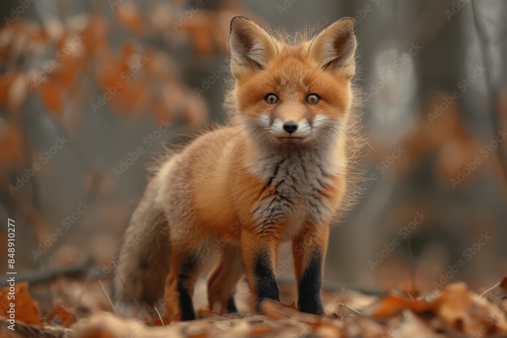 Fototapeta premium Baby Fox: An adorable baby fox kit with reddish fur and a bushy tail, exploring a forest clearing.