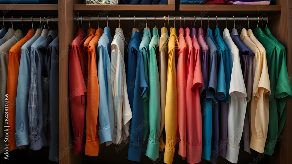 colorful clothes on hangers, close up collection of colorful t-shirts hanging on wooden clothes hangers in the closet or clothing rack, Collection of clothes. Sale and Black Friday concept. Backgroun
colorful clothes on hangers, close up collection of colorful t-shirts hanging on wooden clothes hangers in the closet or clothing rack, Collection of clothes. Sale and Black Friday concept. Backgroun