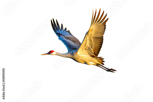 American crane hunting on the lake. An endangered species. Isolated on a white background