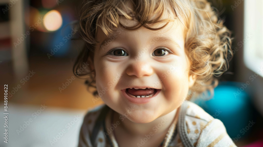A joyful young child with curly hair beams into the camera, capturing pure happiness and innocence. A joyful young child with curly hair beams into the camera, capturing pure happiness and innocence.