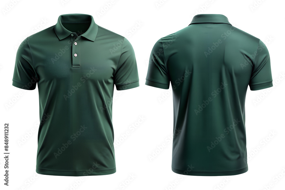 Front and back view of a blank dark green polo shirt isolated on the transparent PNG background Front and back view of a blank dark green polo shirt isolated on the transparent PNG background