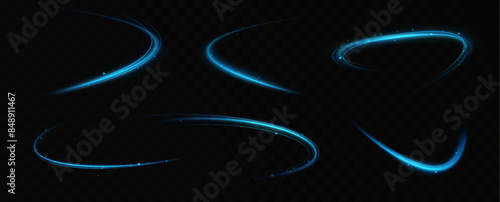 Abstract light lines of speed movement, blue colors.Neon glowing curves.Abstract motion.Neon lines of blue speed. Dynamic traces.	