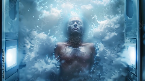 Top view of a frozen human encapsulated in ice, representing the concept of cryonics and the preservation of life through freezing technology.