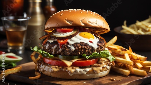 A cheeseburger with a sesame seed bun, lettuce, tomato, onion