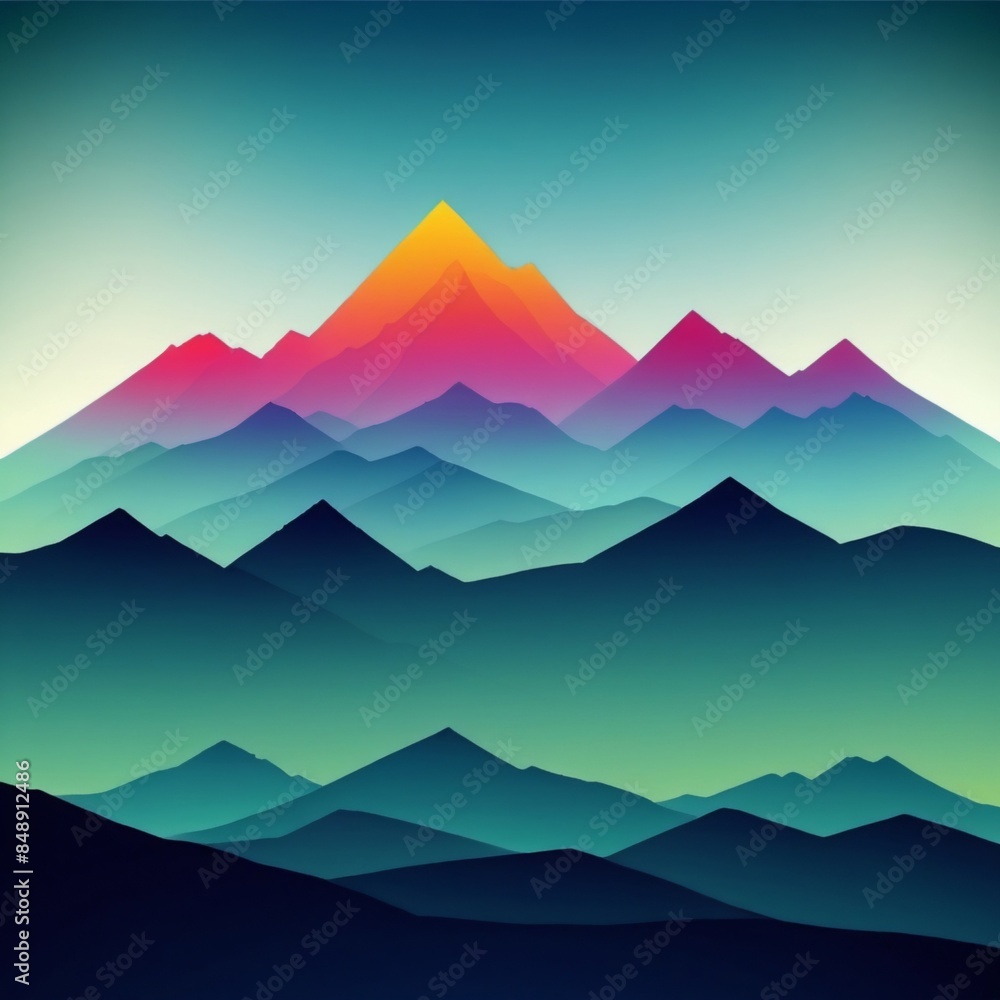 A vibrant and abstract landscape featuring a series of overlapping mountains bathed in a colorful gradient. A vibrant and abstract landscape featuring a series of overlapping mountains bathed in a colorful gradient.