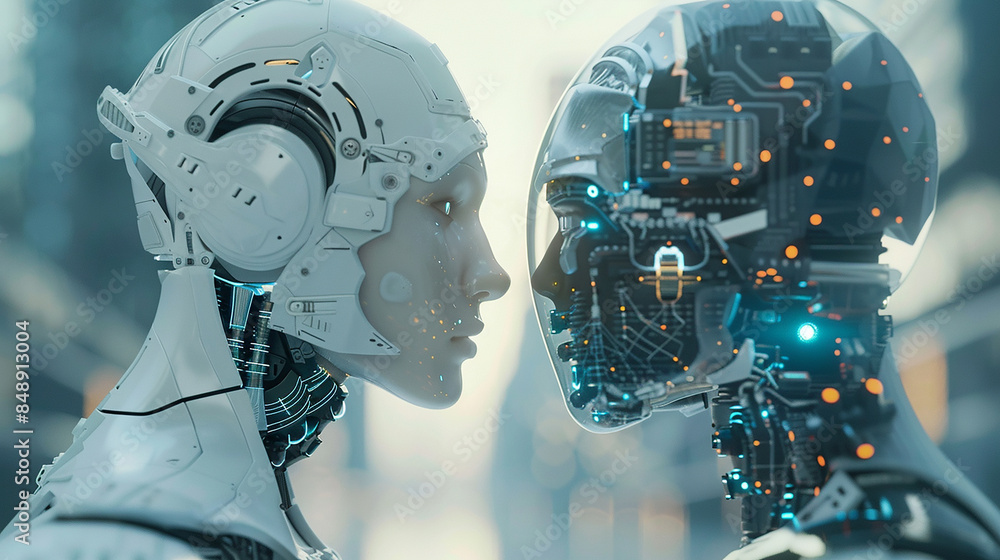 A robot with a human head showcasing AI Artificial Intelligence technology and a digital brain engin A robot with a human head showcasing AI Artificial Intelligence technology and a digital brain engin