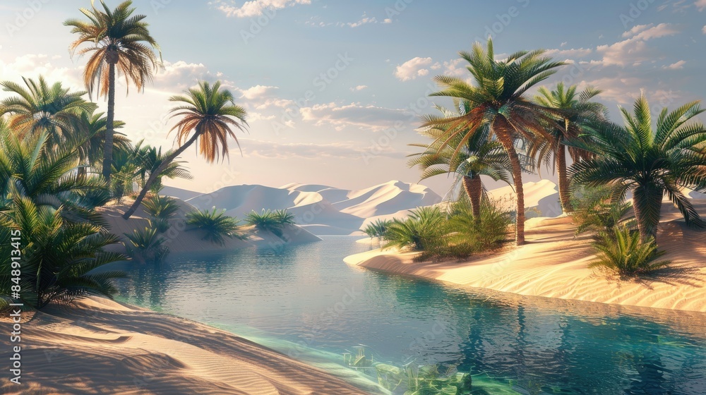 Fototapeta premium Remote desert oasis with palm trees, sand dunes, and a tranquil pool of water