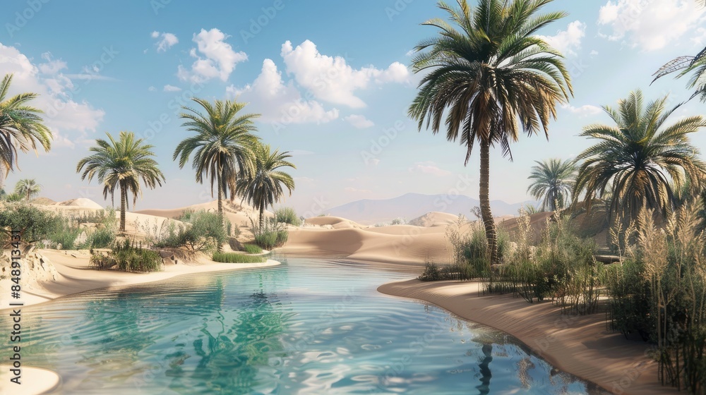 Remote desert oasis with palm trees, sand dunes, and a tranquil pool of water