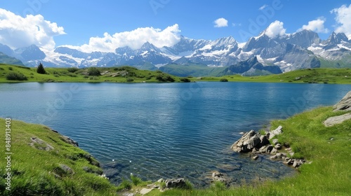 Remote alpine lake with emerald waters and snow-capped peaks in the background