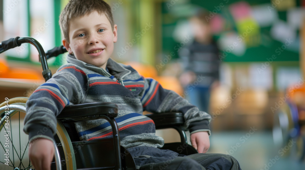 A young boy in a wheelchair smiles brightly in a classroom, embodying perseverance and the joyful spirit of learning amidst an inclusive environment. A young boy in a wheelchair smiles brightly in a classroom, embodying perseverance and the joyful spirit of learning amidst an inclusive environment.