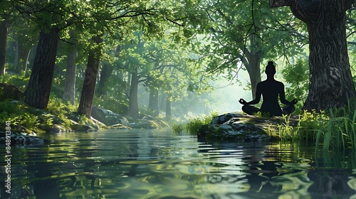 Tranquil Reflections: Person Sitting on Rock in Serene Waters Surrounded by Lush Forest Landscape © Thavesak