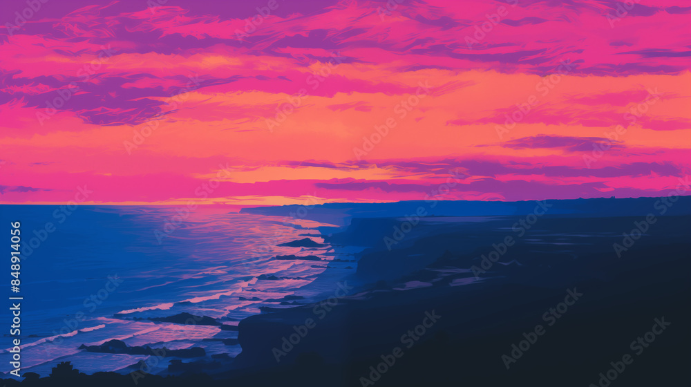 Fototapeta premium Sunset shore background wallpaper, California vacation vibe, romantic landscape, with stunning color gamma 