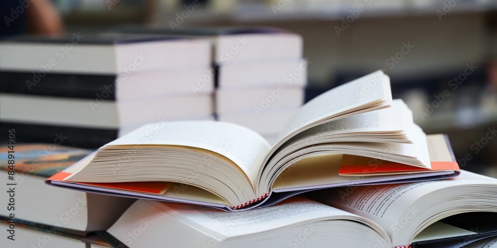 open book on the table - stack of books open book on the table - stack of books