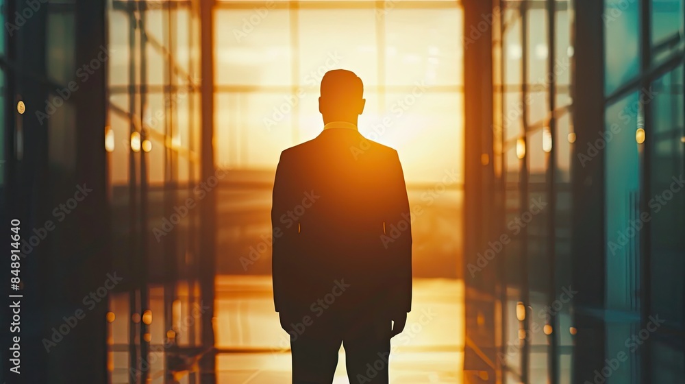 Fototapeta premium Silhouette of a businessman with his back turned, facing a bright future