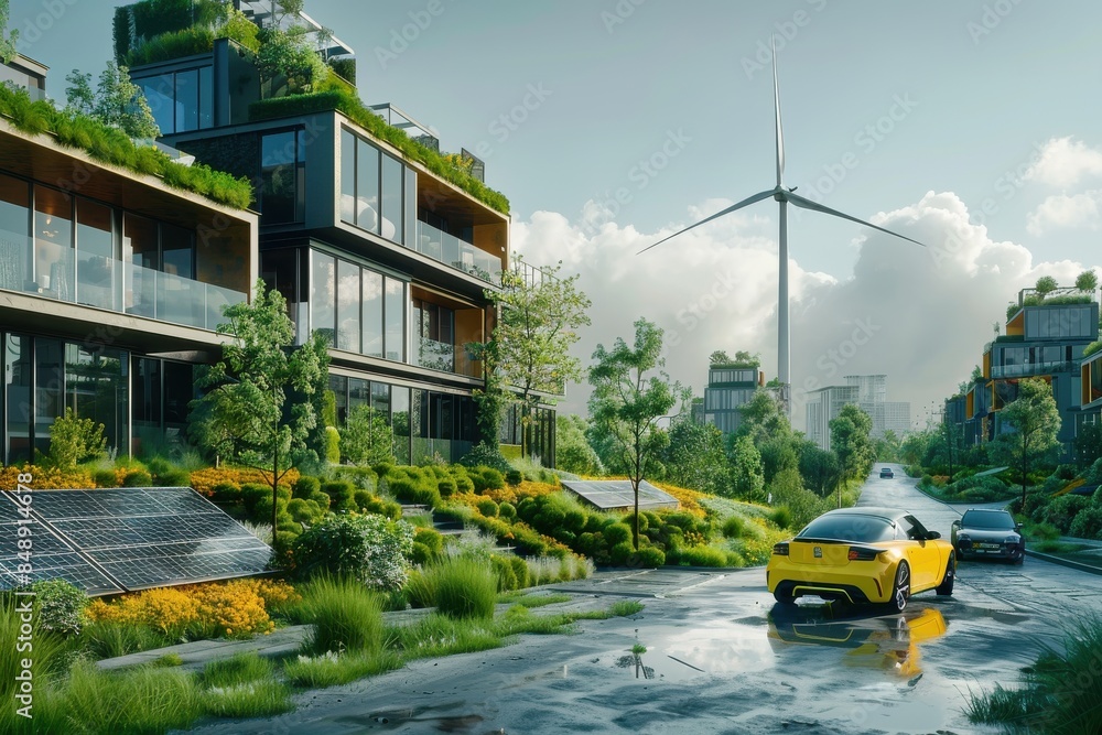 Obraz premium A futuristic city with tall buildings and windmills