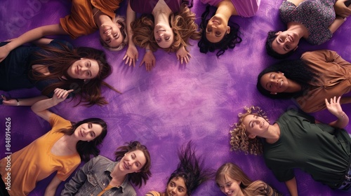 A group of diverse women of all ages are lying on their backs in a circle, surrounded by purple smoke. They are all smiling and laughing, and they AIG535