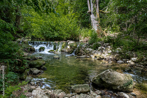 View of La Brague River in the department of Alpes-Maritimes as seen in La Brague Park, near Biot Village, Provence-Alpes-Cote d'Azur, French Riviera, France