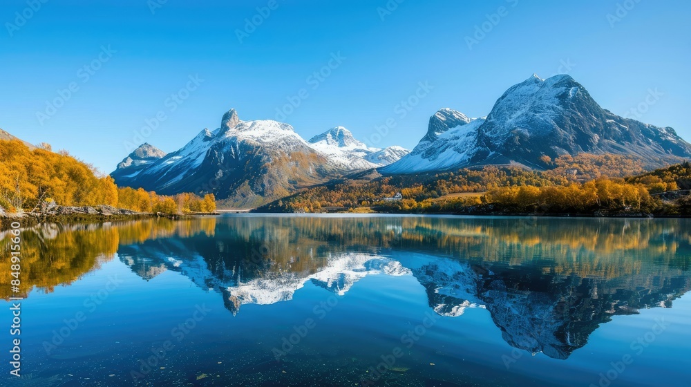 Tranquil lake surrounded by snow-capped mountains, reflecting the clear blue sky Tranquil lake surrounded by snow-capped mountains, reflecting the clear blue sky
