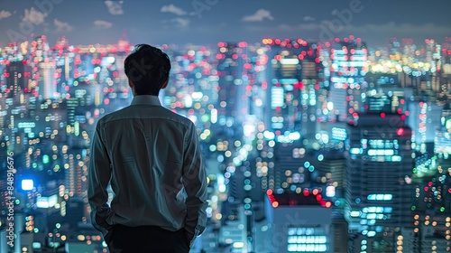 Young professional standing with his back to the camera, looking at a night-lit city