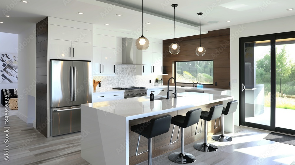A wide angle view of contemporary modern kitchen idea design A wide angle view of contemporary modern kitchen idea design