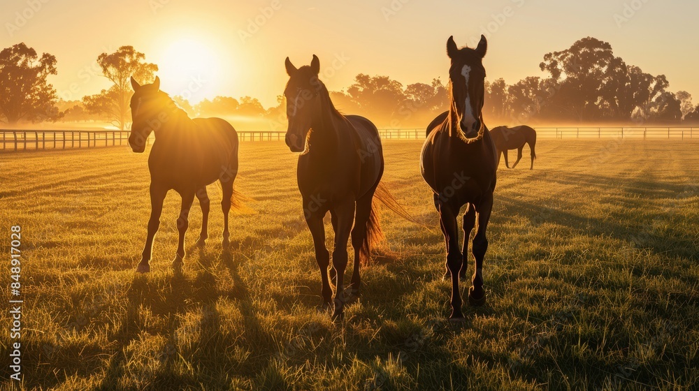 Obraz premium Thoroughbred horses walking in a grass field at sunrise